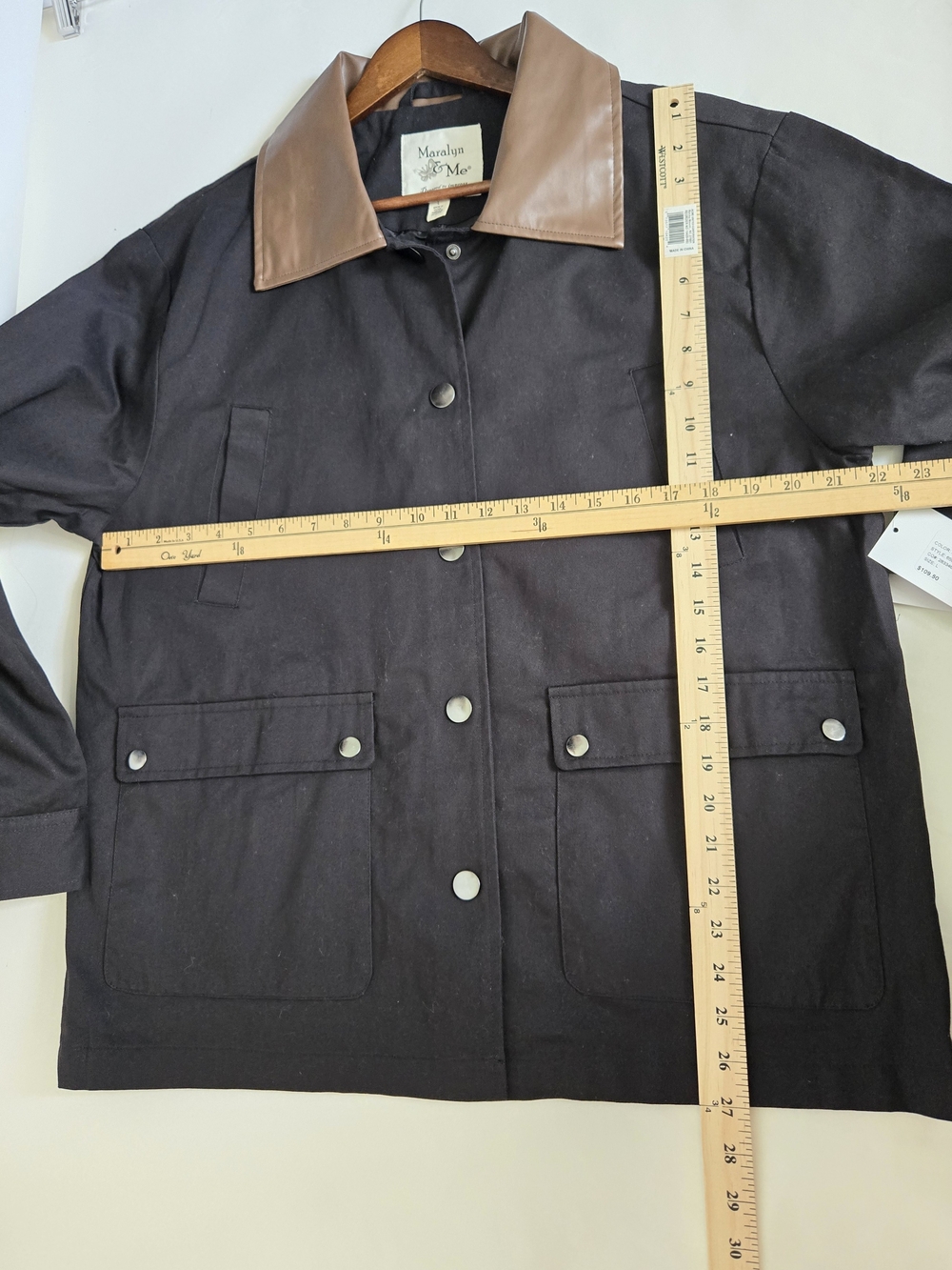 NWT Maralyn & Me Black Barn Coat w Brown Faux Leather Collar-Snap Close Size L - Picture 6 of 10